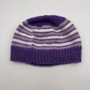 Hand Knit Beanie Hat Purple Lavender White Striped Cozy Winter Warm Women